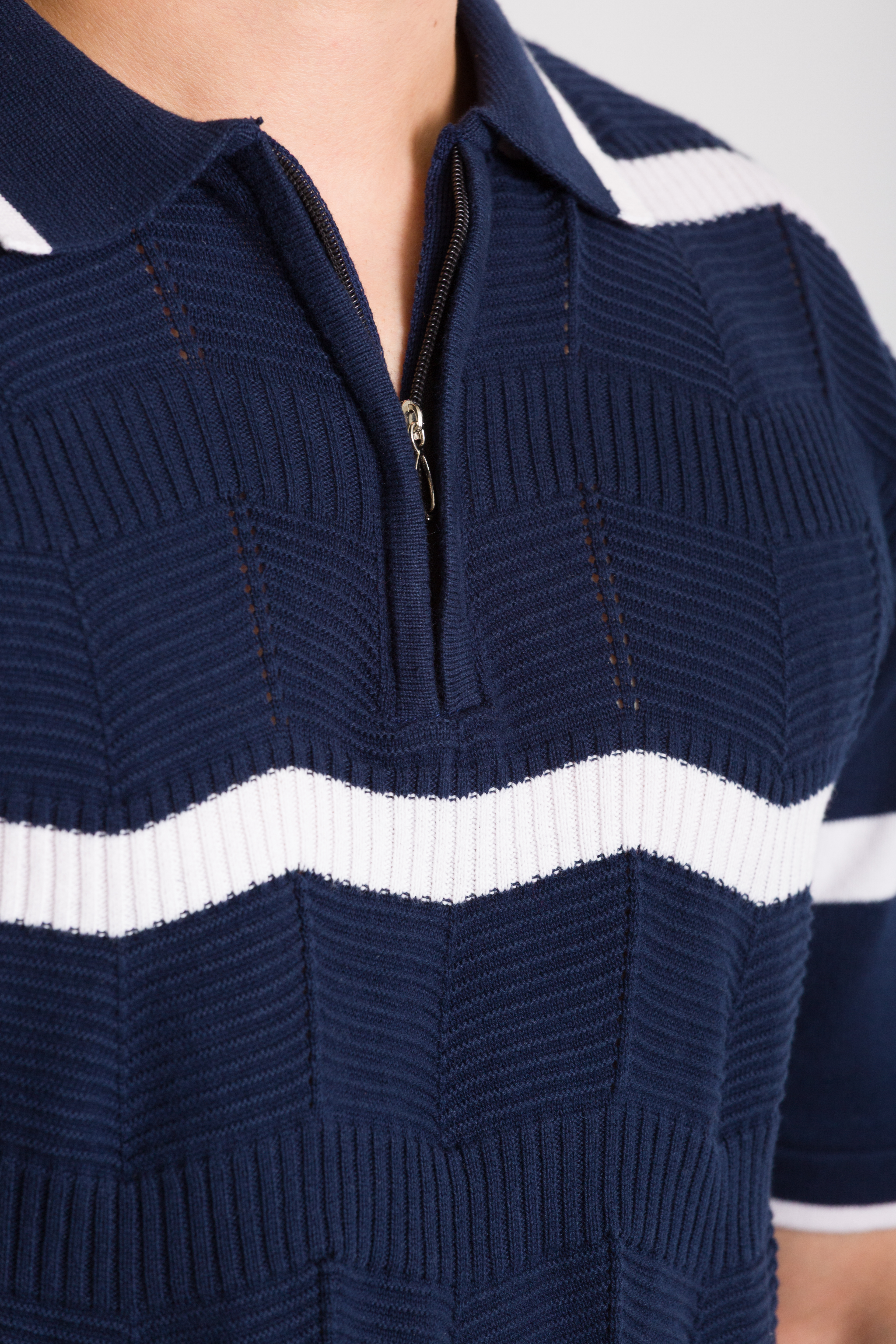 Knitted Navy Blue (White Curvy Stripe) Polo T-Shirt
